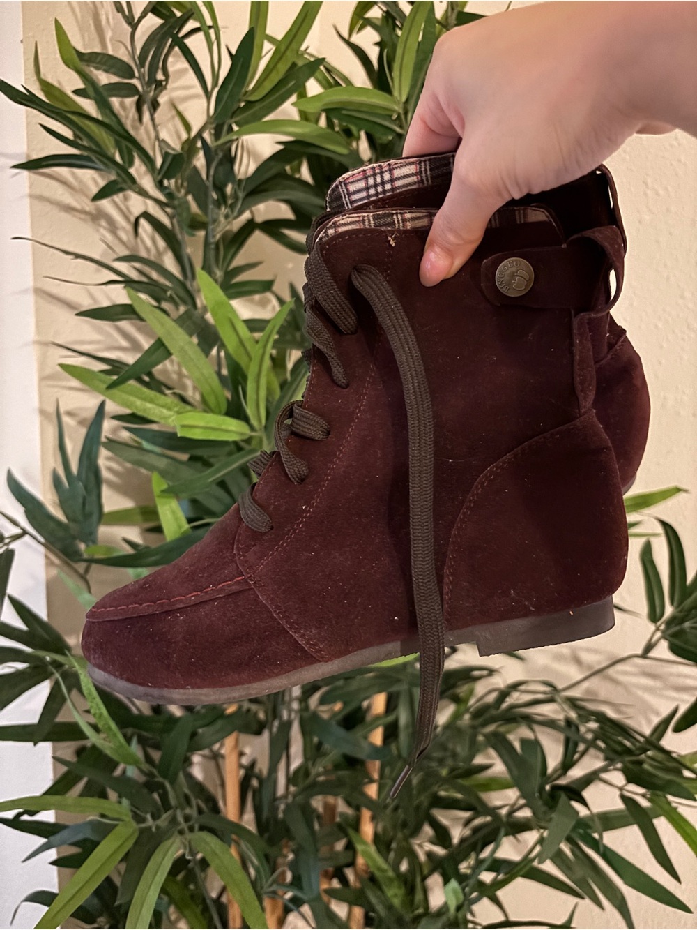 Women’s Burgundy Suede Lace-Up Wedge Bootie